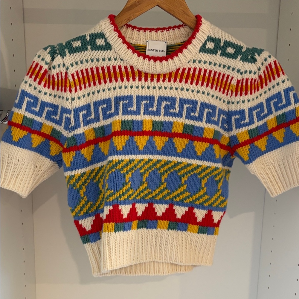 Hunter Bell Geometric Knit Sweater in Red, Blue, Green, and Cream